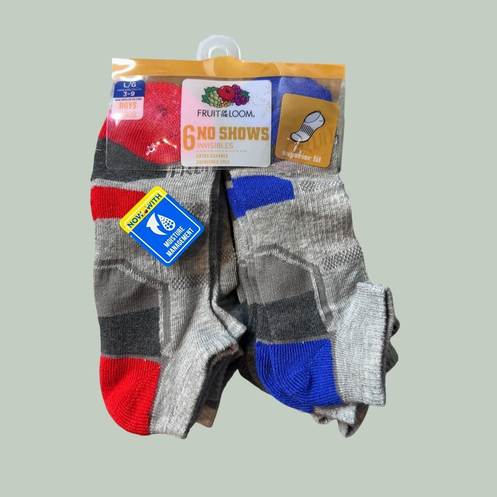 Fruit of the Loom Socks Boys L Grey 6PK No Show Invisible Moisture Management